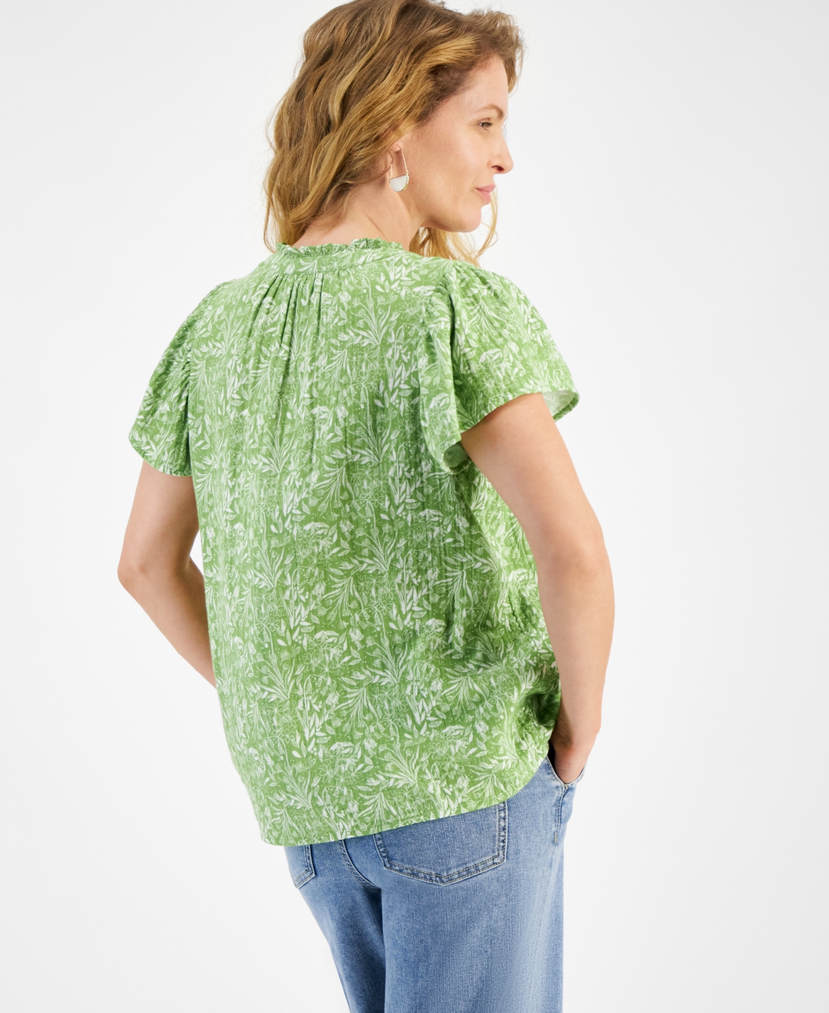Style & Co Women's Cotton Printed Flutter-Sleeve Top, Created for Macy's