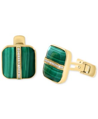 EFFY&reg; Men's Malachite & Diamond (1/6 ct. t.w.) Cufflinks in Gold-Plated Sterling Silver