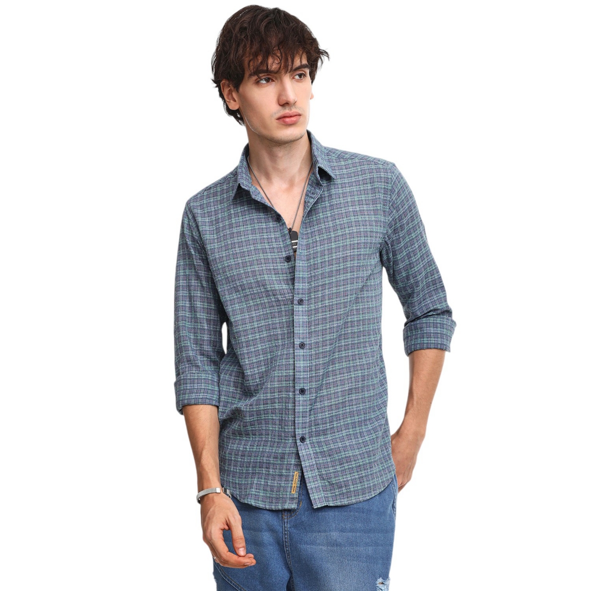 Men's Icy Blue Micro-Tartan Plaid Shirt - Blue