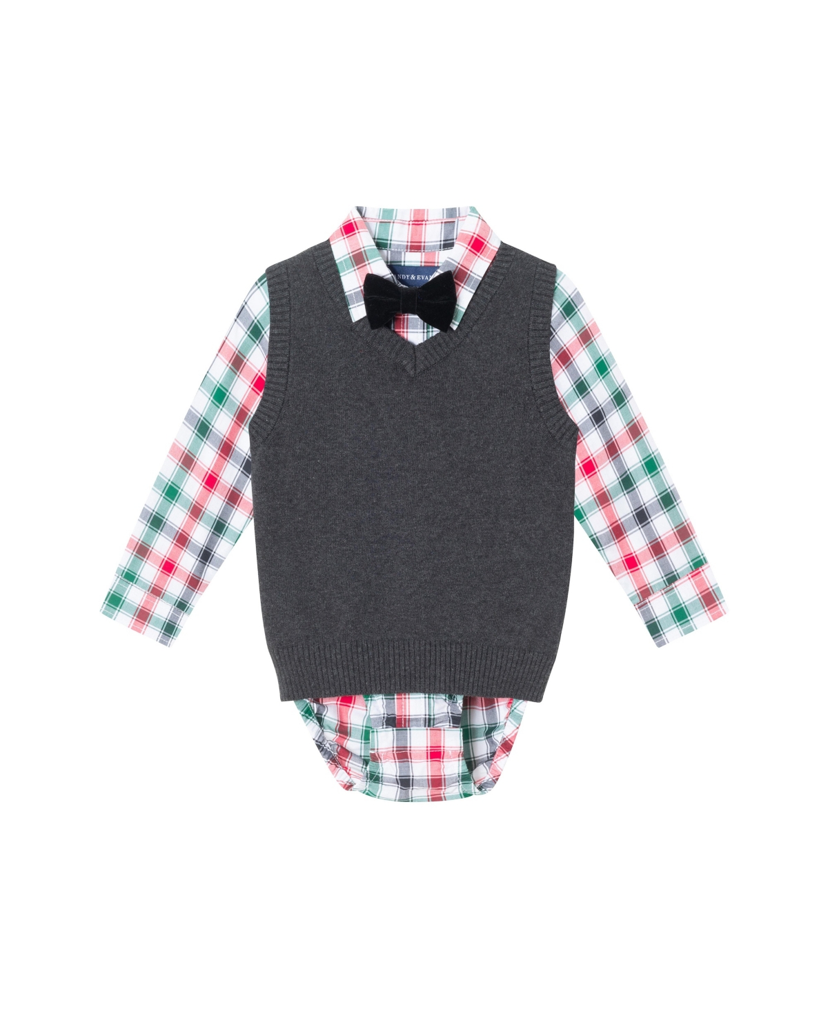 Andy & Evan Baby BoysPlaid Buttondown w/Charcoal Sweater Vest & Bowtie - White