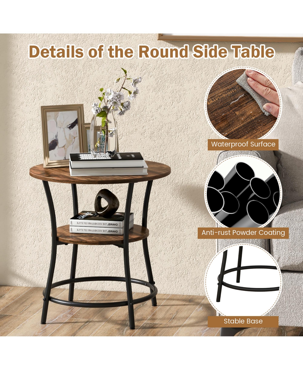 Gymax 2-Tier Side Table Compact Round Metal Frame Coffee Table w/ Open Shelf Brown - Brown+black
