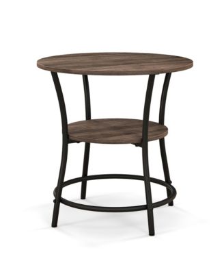 2-Tier Side Table Compact Round Metal Frame Coffee Table w/ Open Shelf Brown