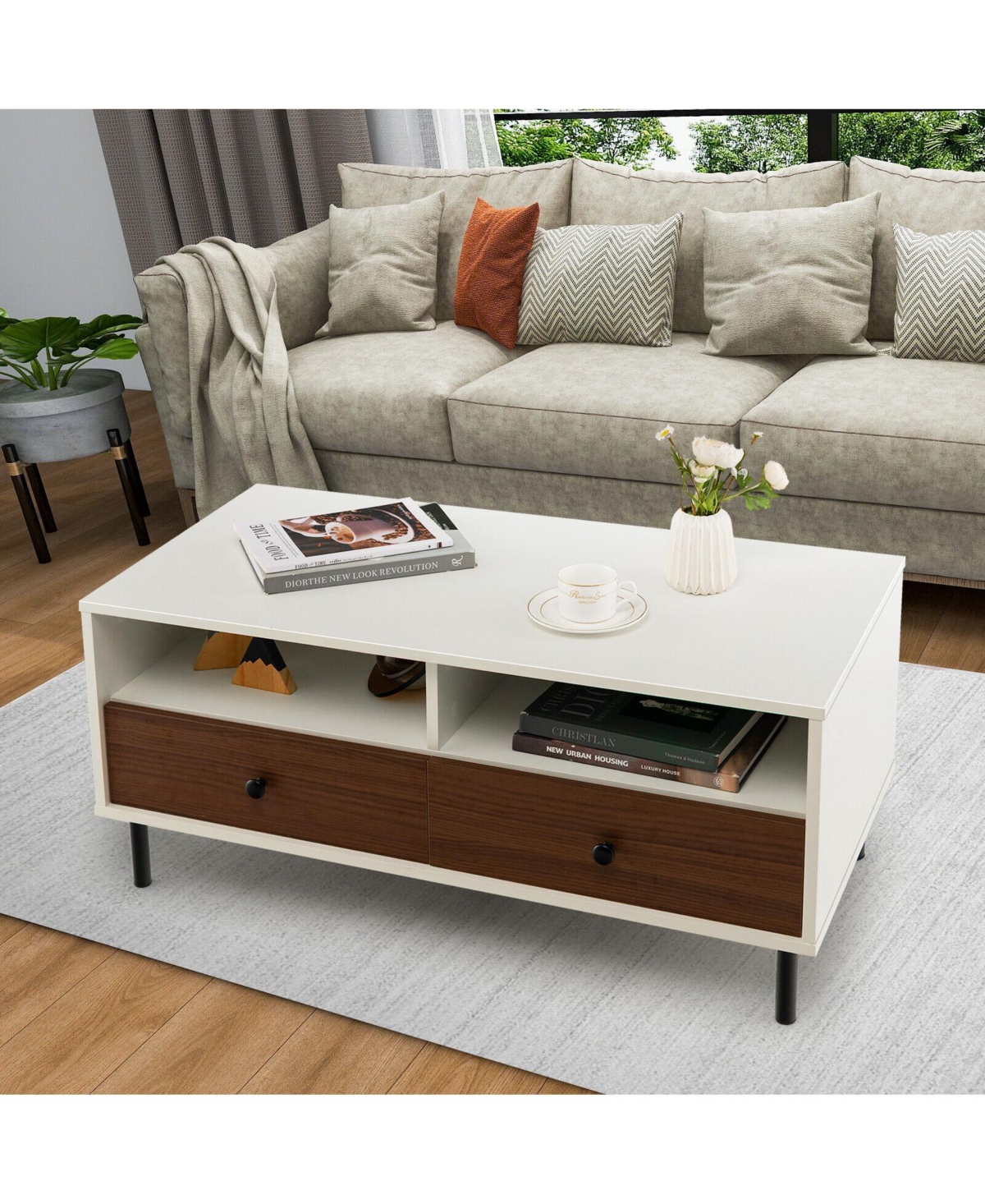 Gymax Coffee Table Modern Rectangle w/ Storage Shelf & Drawers Living Room Furniture - White+brown