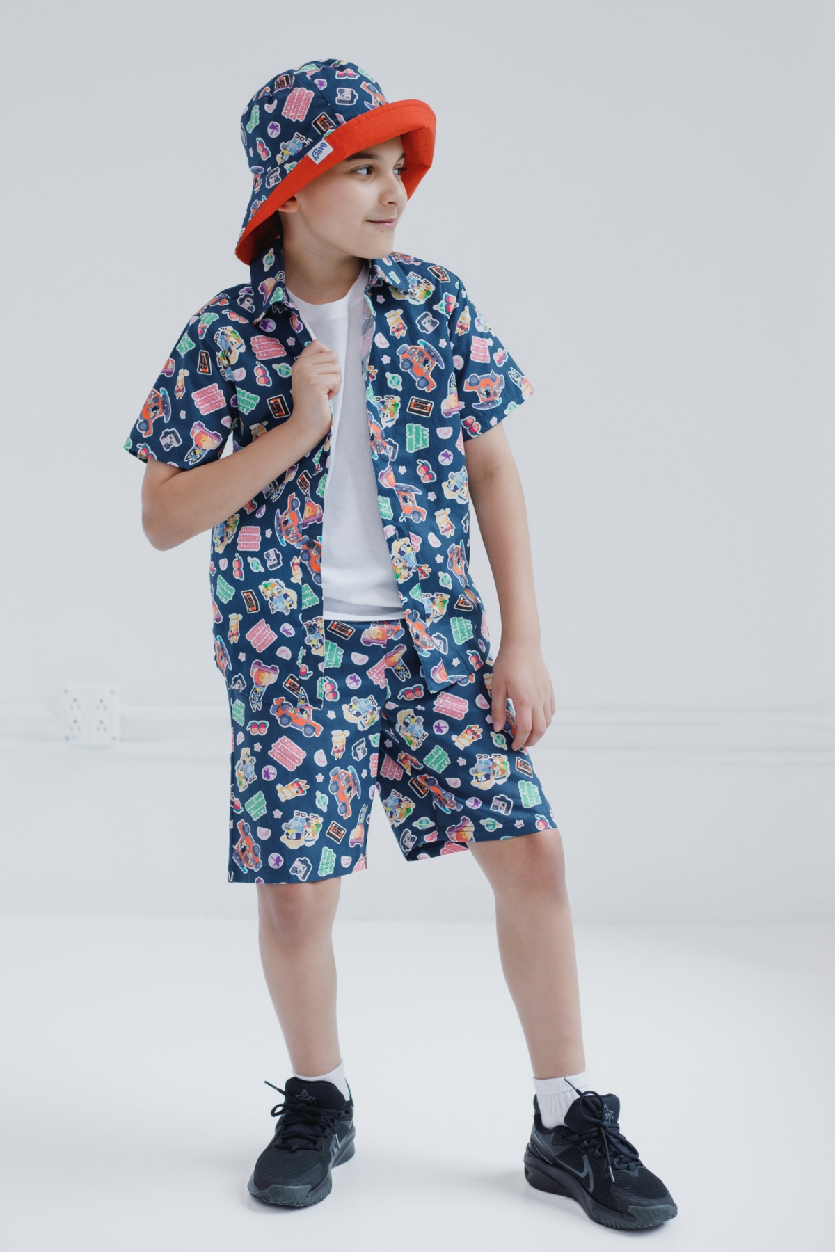Bluey Toddler Boys Button Down Shirt Shorts and Bucket Sun Hat 3 Piece Outfit Set