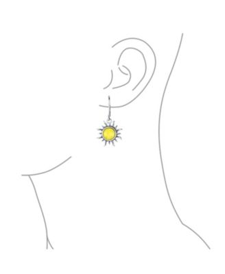 Tropical Vacation Beach Sun Rise Natural Amber Round Sunburst Dangle Drop Earrings Lever back Oxidized Sterling Silver