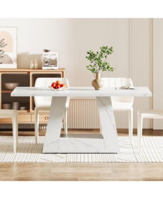 Dining Table for 4 to 6 People, 63" Rectangular Dining Room Table, Modern Wooden Faux Marble Dinner Table with Sturdy Base for Kitchen, Living Room