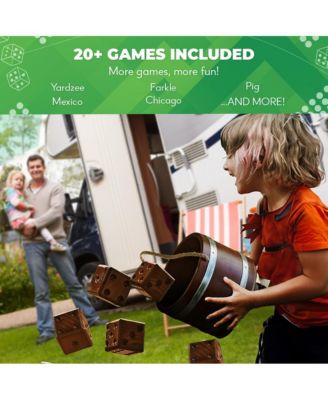 Yardzee, Farkle & 20+ Games - Light-Weight Yard Dice Game Set (All Weather) with Wood Bucket, 5 Score Cards, and Marker