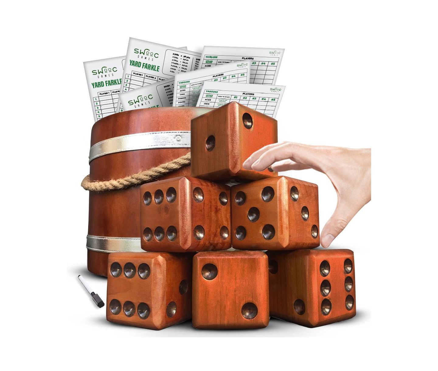 Детские игрушки SWOOC Yardzee, Farkle, & 20+ Games Giant Wood Weather-Resistant Yard Dice Set (6 Dice), Ages 6+ — фото 1