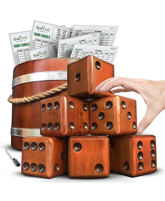 SWOOC - Yardzee, Farkle & 20  Games - Light-Weight Yard Dice Game Set (All Weather) with Wood Bucket, 5 Score Cards, and Marker