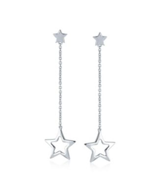 Celestial American Patriotic USA Rock Star Chain Long Linear Dangle Open Star Earrings .925 Sterling Silver 2.5 Inch