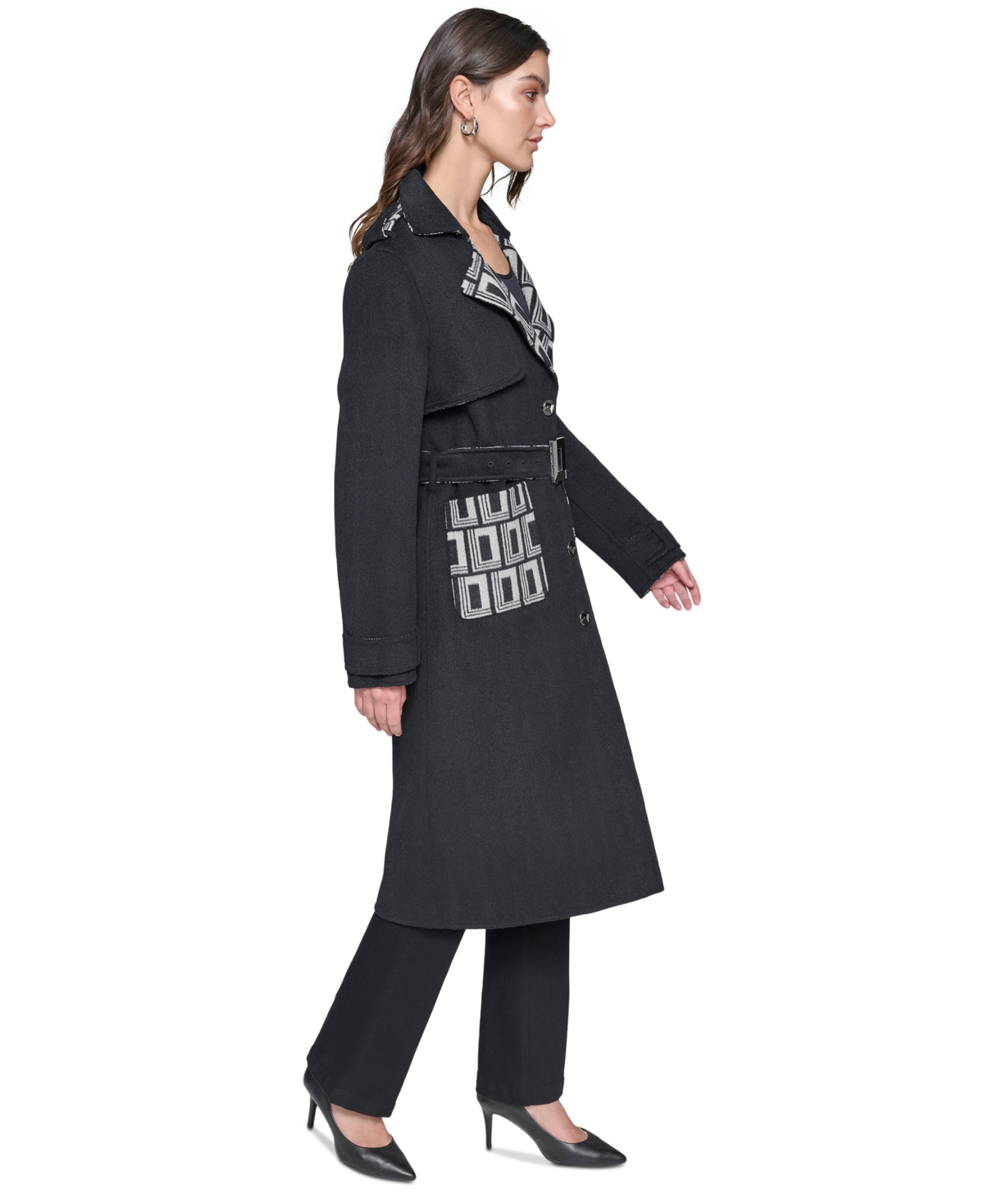 Karl Lagerfeld Paris Women's Monogram-Print Wool Coat - Black  Soft White