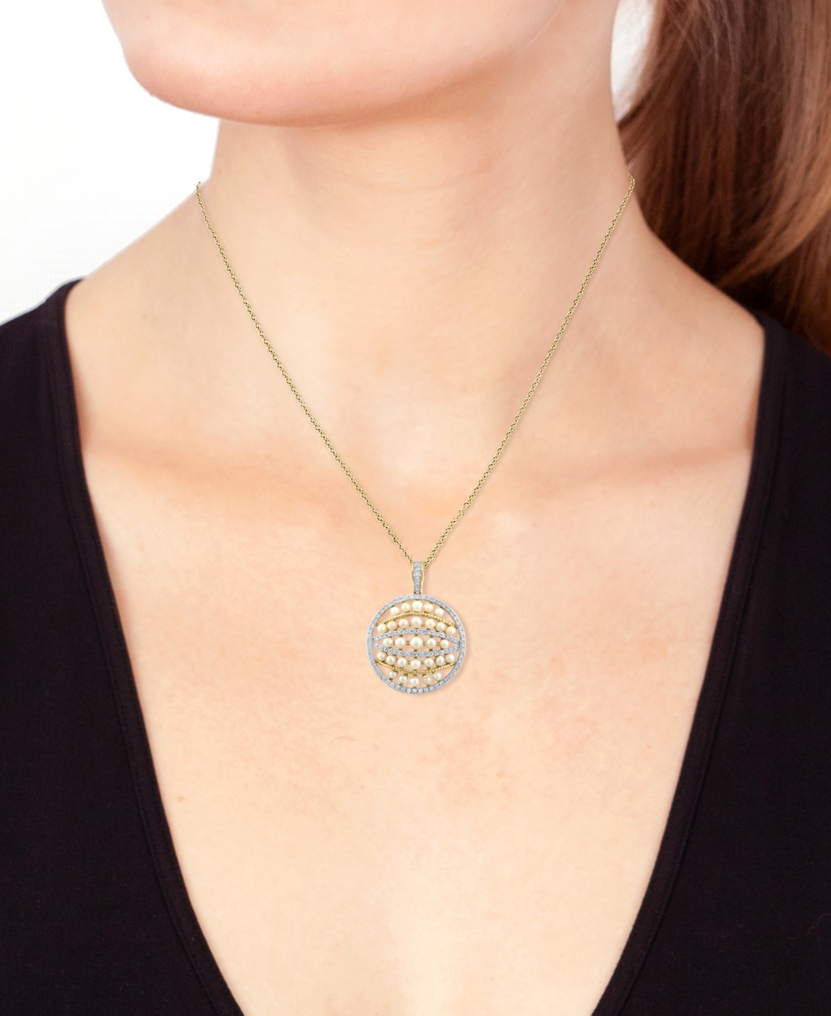 EFFY COLLECTION EFFY CULTURED FRESHWATER PEARL (2-3MM) & DIAMOND (1/3 CT. T.W.) MULTIROW CIRCLE CLUSTER 18" PENDANT  