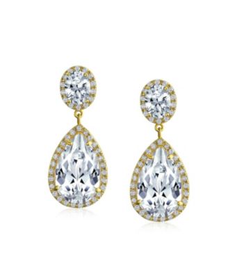 Cubic Zirconia Pave CZ Halo Statement Large Teardrop Dangle Clip On Earrings Prom 14K Gold Plated Brass