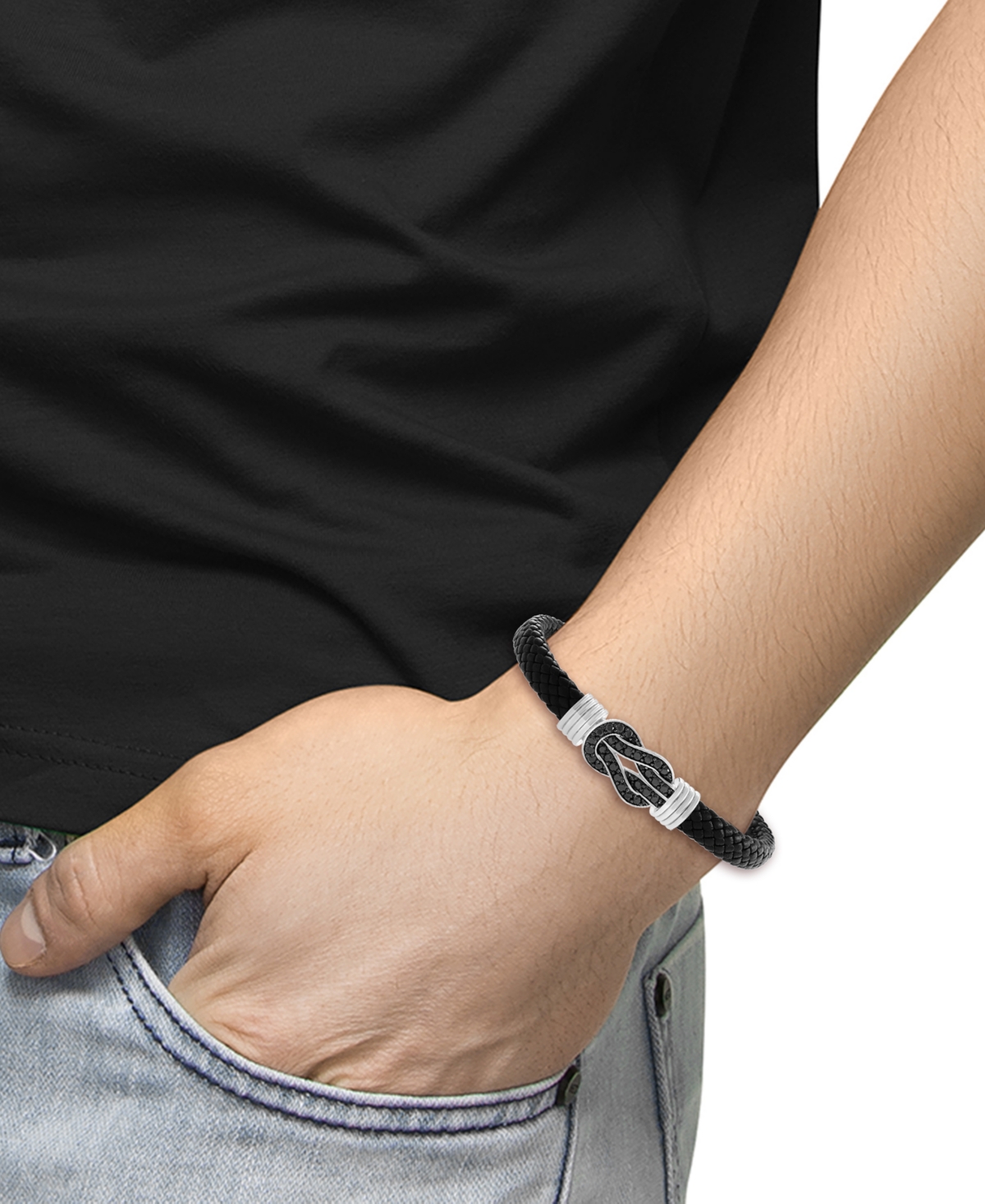 Effy Collection Effy Men's Black Spinel Infinity Loop Woven Leather Bracelet (1-5/8 Ct. T.w.) In Sterling Silver In Silver