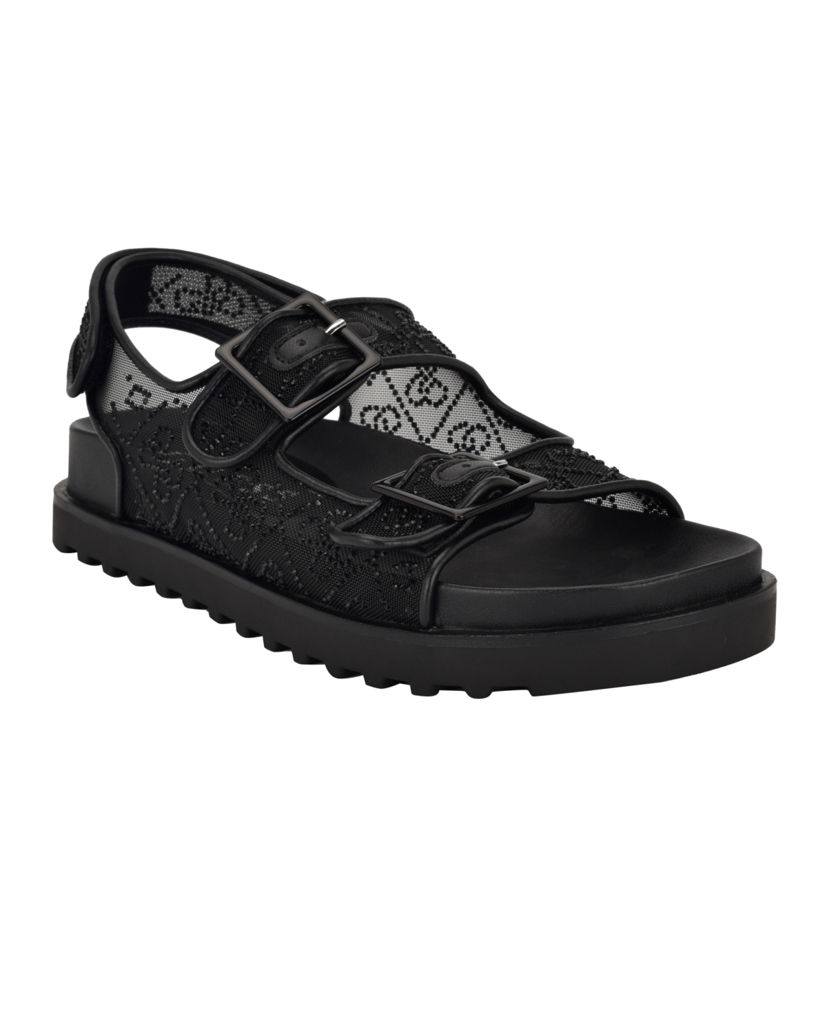 Guess Women's Frella Two Band Embellished Footbed Sandals In Black,white Rhinestone Logo Mesh