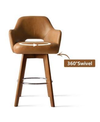 Set of 3 Swivel Faux Leather Counter Height Bar Stools with Back and Arms, 26'' Seat, Rubberwood Legs-Maison Boucle