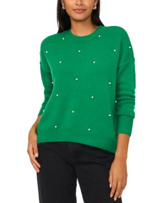 Women's Crewneck Embellished Pearl Long-Sleeve Sweater