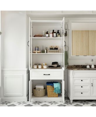Wood 4-Shelf Bookcase with Tempered Glass Doors, Drawer, and Cabinet Storage
