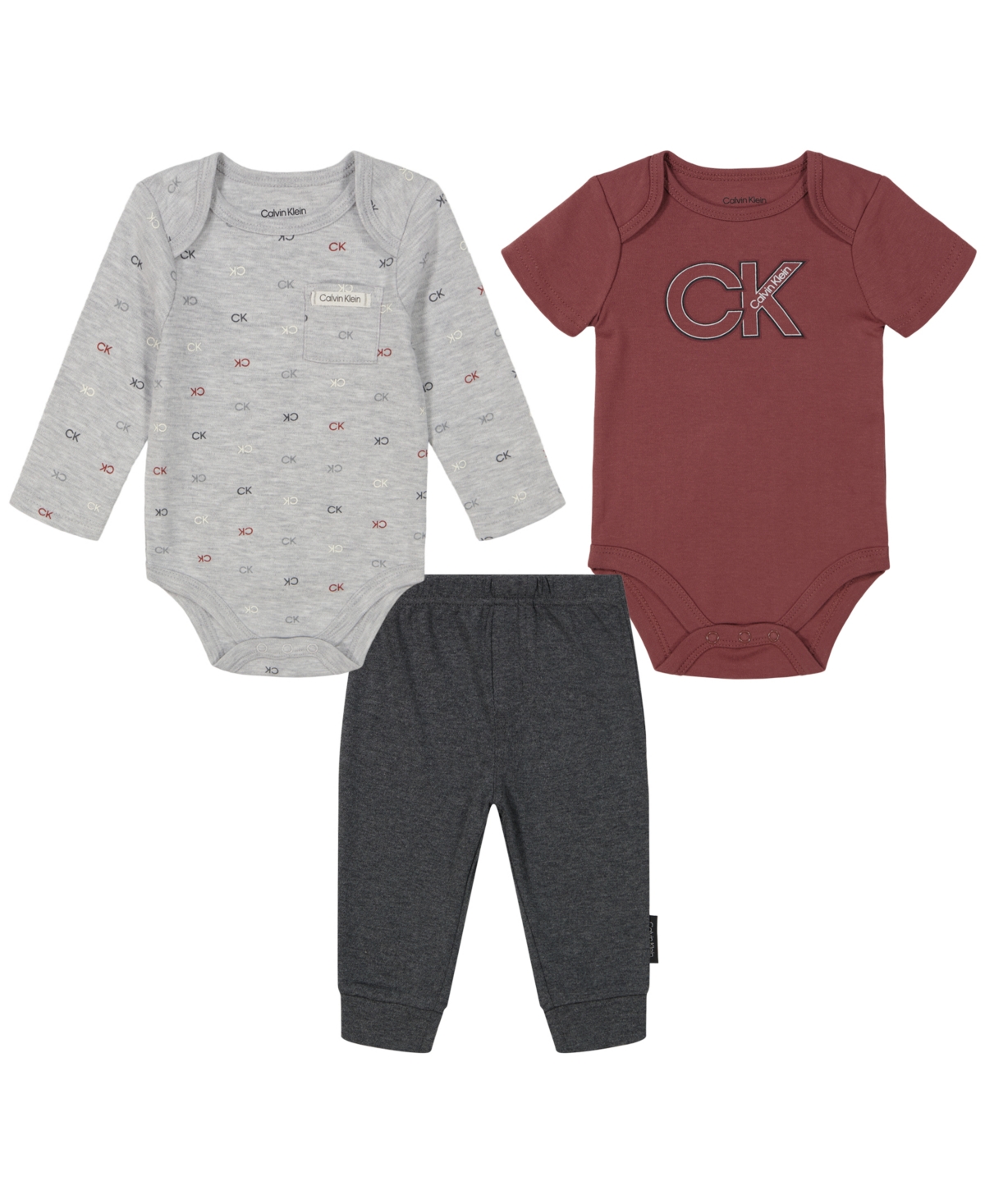 Calvin Klein Baby Boy Long Sleeve Printed Bodysuit, Short Sleeve Logo Bodysuit Joggers, 3-piece Set In Platinum Heather,apple Butter,stealth He
