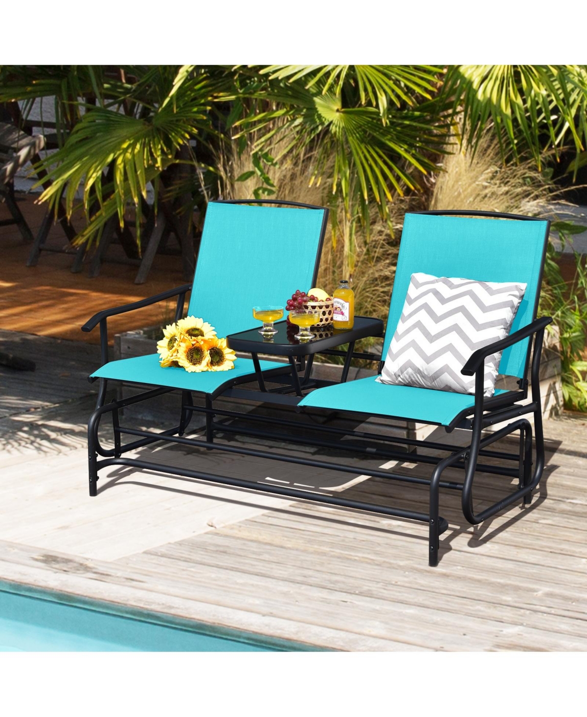 Sugift 2-Person Double Rocking Loveseat with Mesh Fabric and Center Tempered Glass Table