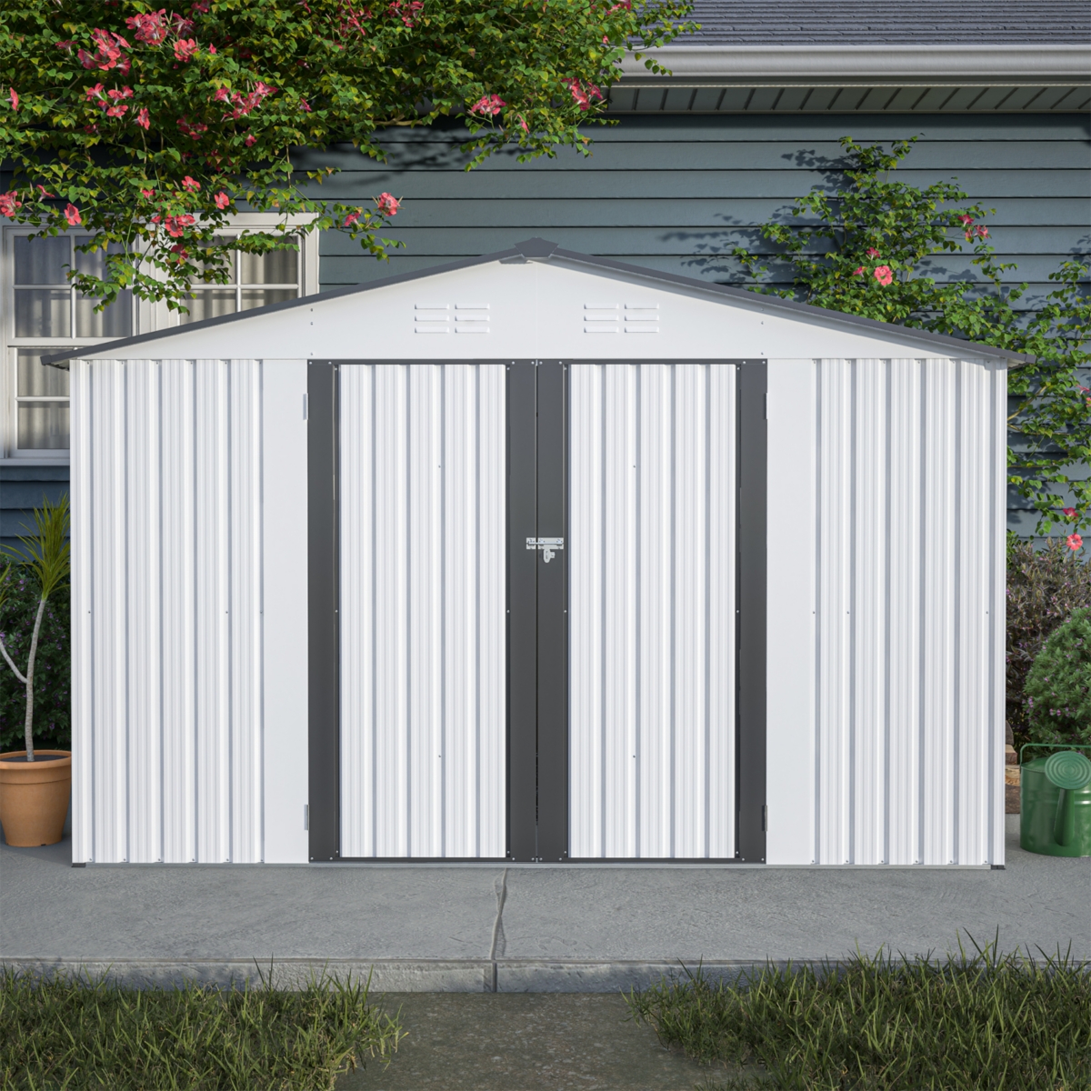 Streamdale Furniture Galvanized Steel Outdoor Storage Shed, Lockable, 119"x98