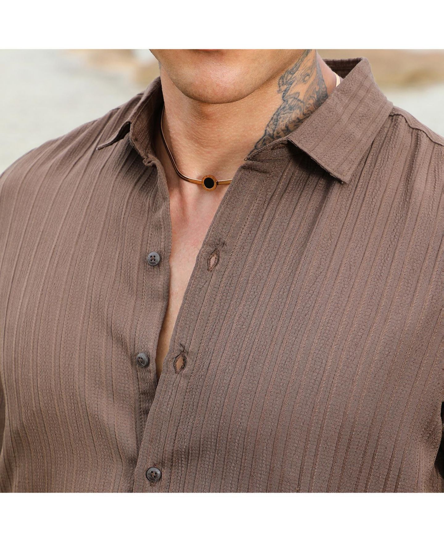 Мужская рубашка Cahoot Campus Sutra Mocha Brown Self-Design Striped, цвет: Коричневый — фото 7
