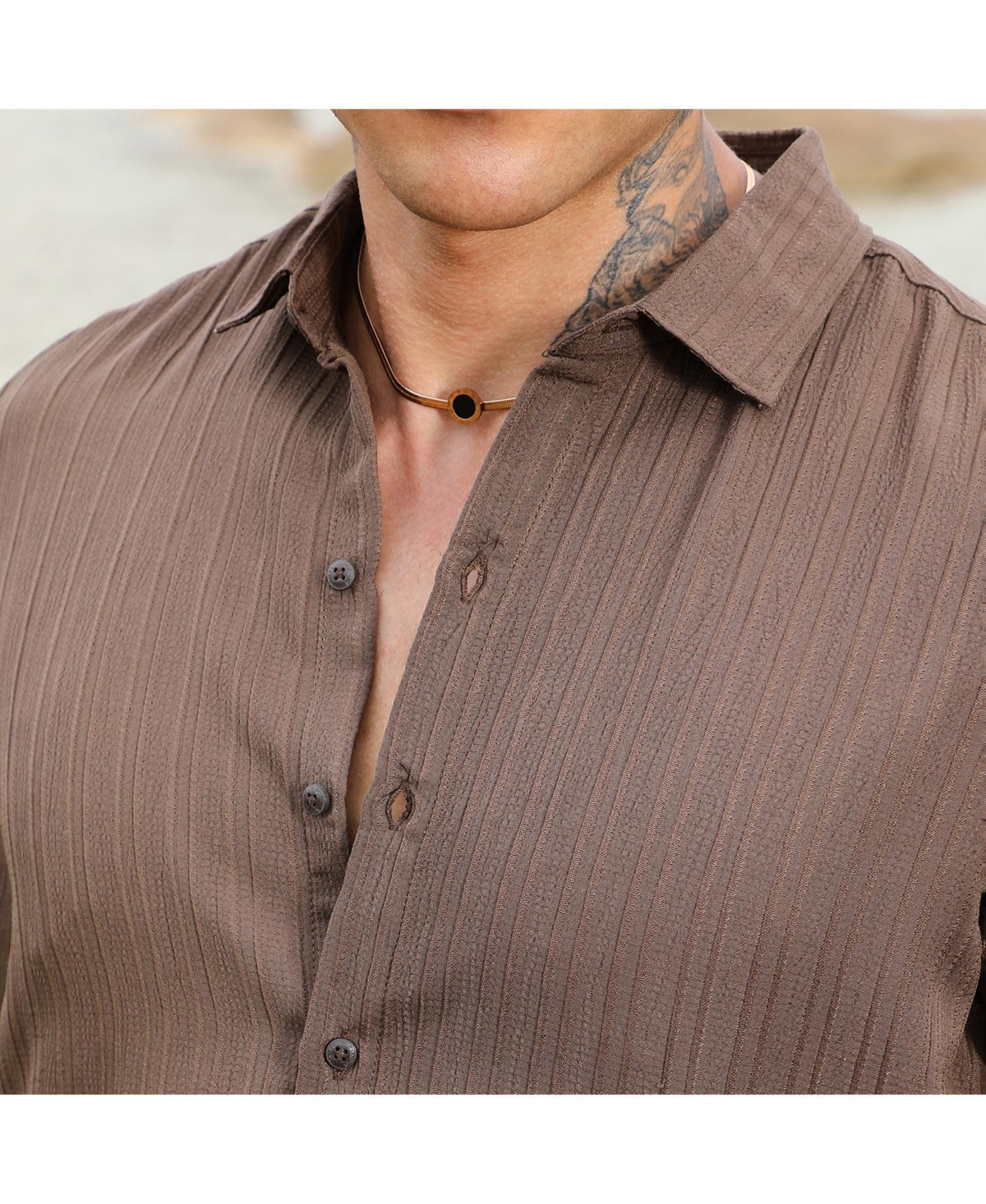 Campus Sutra Men's MochaSelf-Design Striped Shirt - Brown