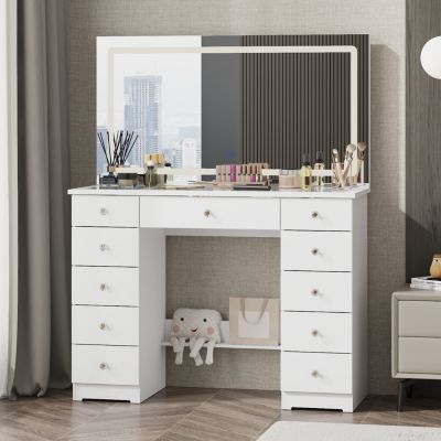 11-Drawer Vanity with 3 Color LED Mirror, Tempered Glass Countertop,Crystal Handle, Makeup Table,Chest
