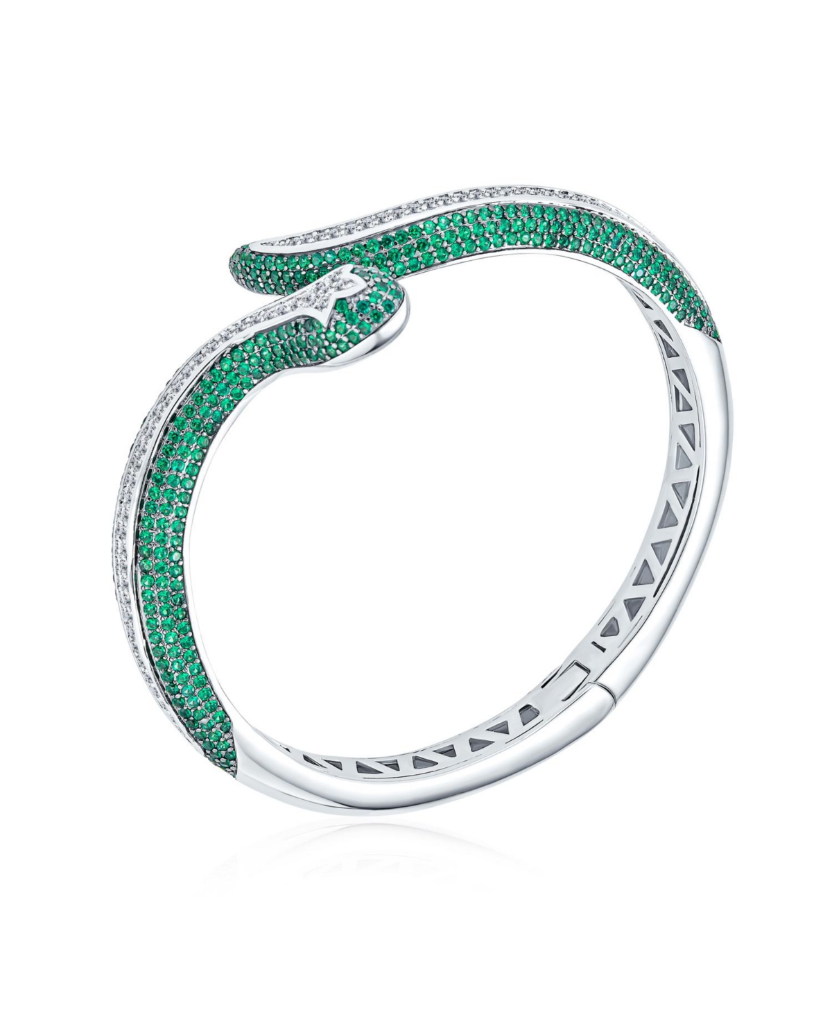 Bling Jewelry Egyptian Fashion Statement Snake Serpent Hinge Cuff Bangle Bracelet For Women White Blue Cubic Zirconia Pave Cz Rhodium Plated