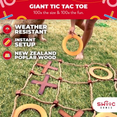 Giant Wooden Tic Tac Toe Game (All Weather) | 3ft x 3ft | Big Wood X & O Pieces with Rope Game Board | Tic Tac Toe Board