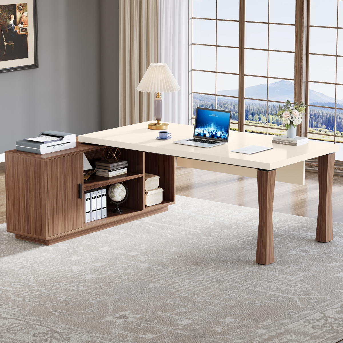 Tribesigns 71-Inch Executive Desk, L-Shaped Desk with Cabinet, Large Office Desk with Storage Shelves, Writing Table Desk Business Furniture Set for H