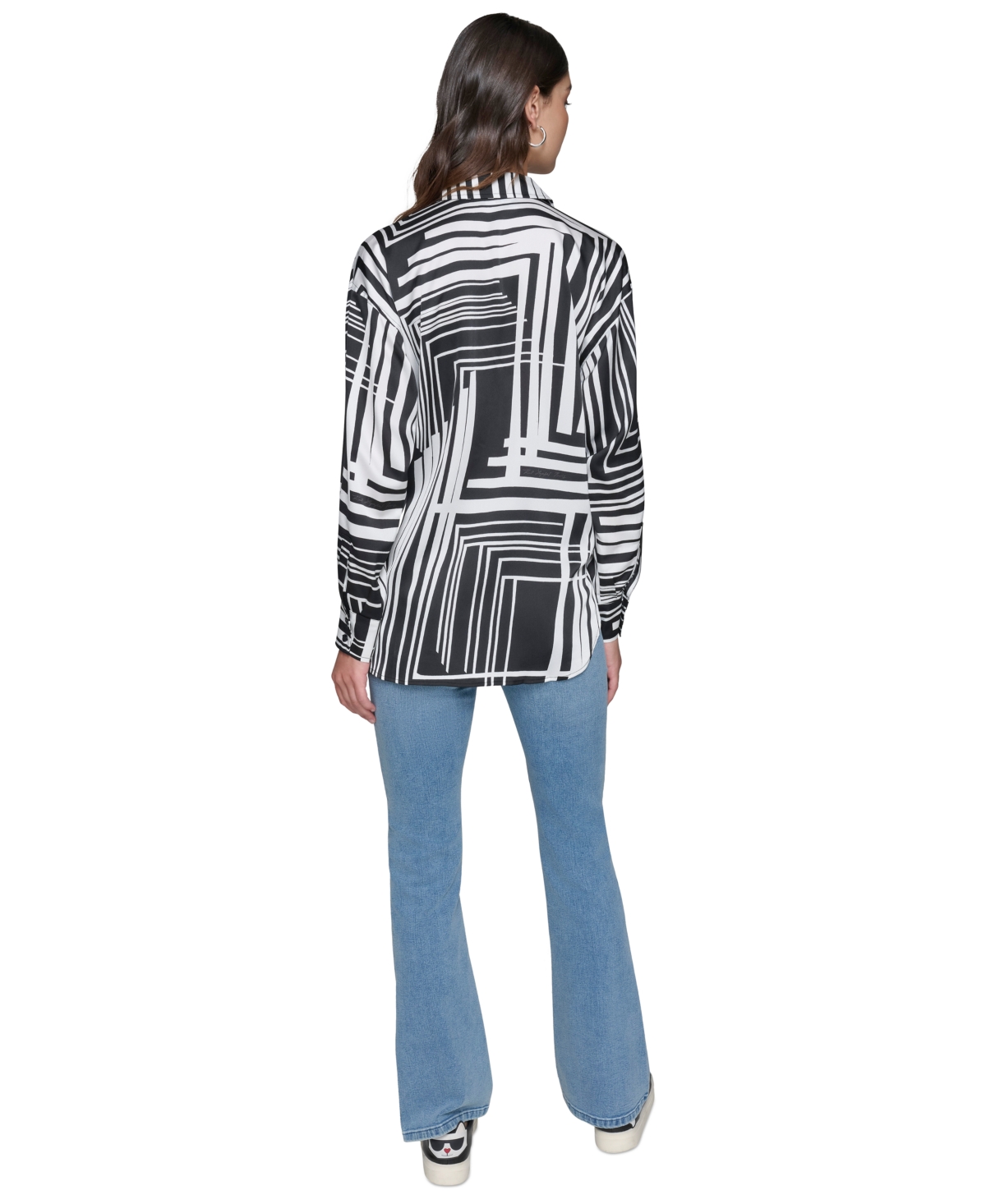 Karl Lagerfeld Paris Women's Oversized Printed Satin Button-Front Top - Black  Soft White