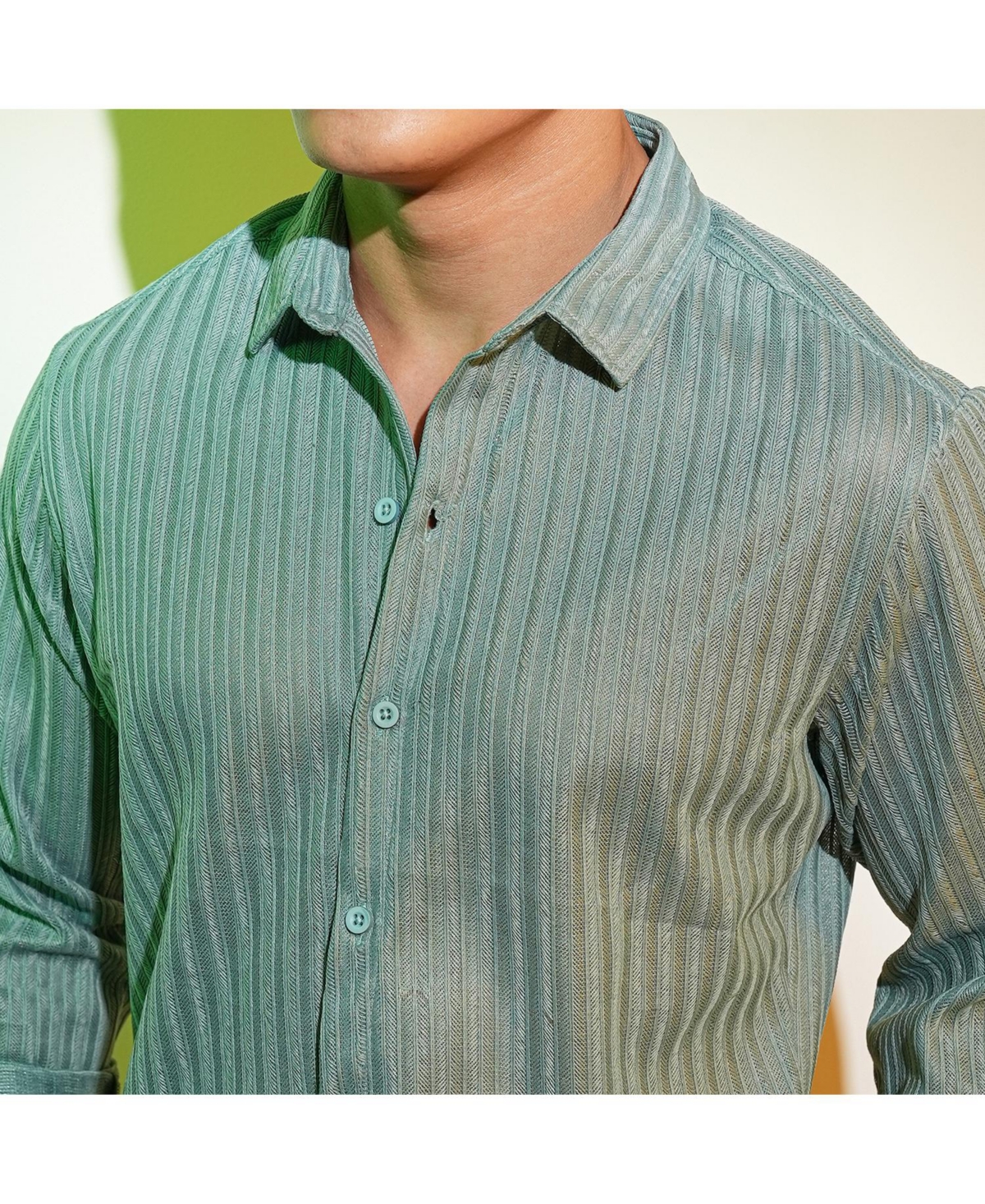 Men's Sea Green Ribbed-Striped Shirt