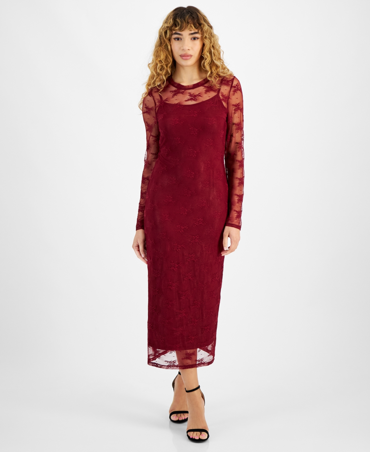 Bar Iii Women's Lace Long-sleeve Crewneck Midi Dress, Created For Macy's In Cherry Pie