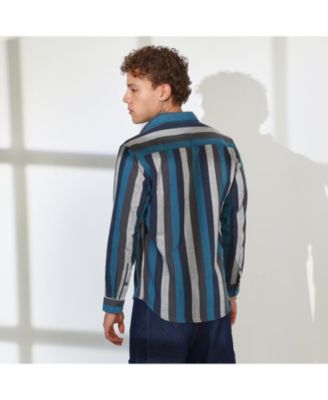Men's Navy Blue & Ash Grey Block-Striped Shirt