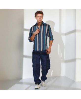 Men's Navy Blue & Ash Grey Block-Striped Shirt