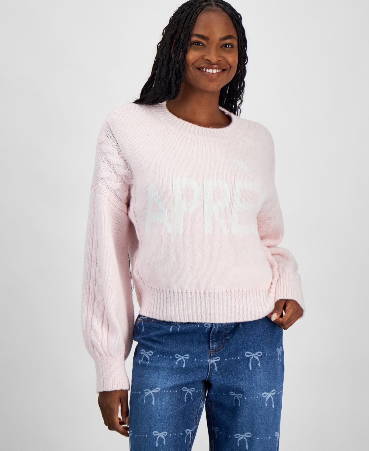 And Now This Women's Cable-knit-detail Graphic Sweater, Exclusively At Macy's In Pink Polish