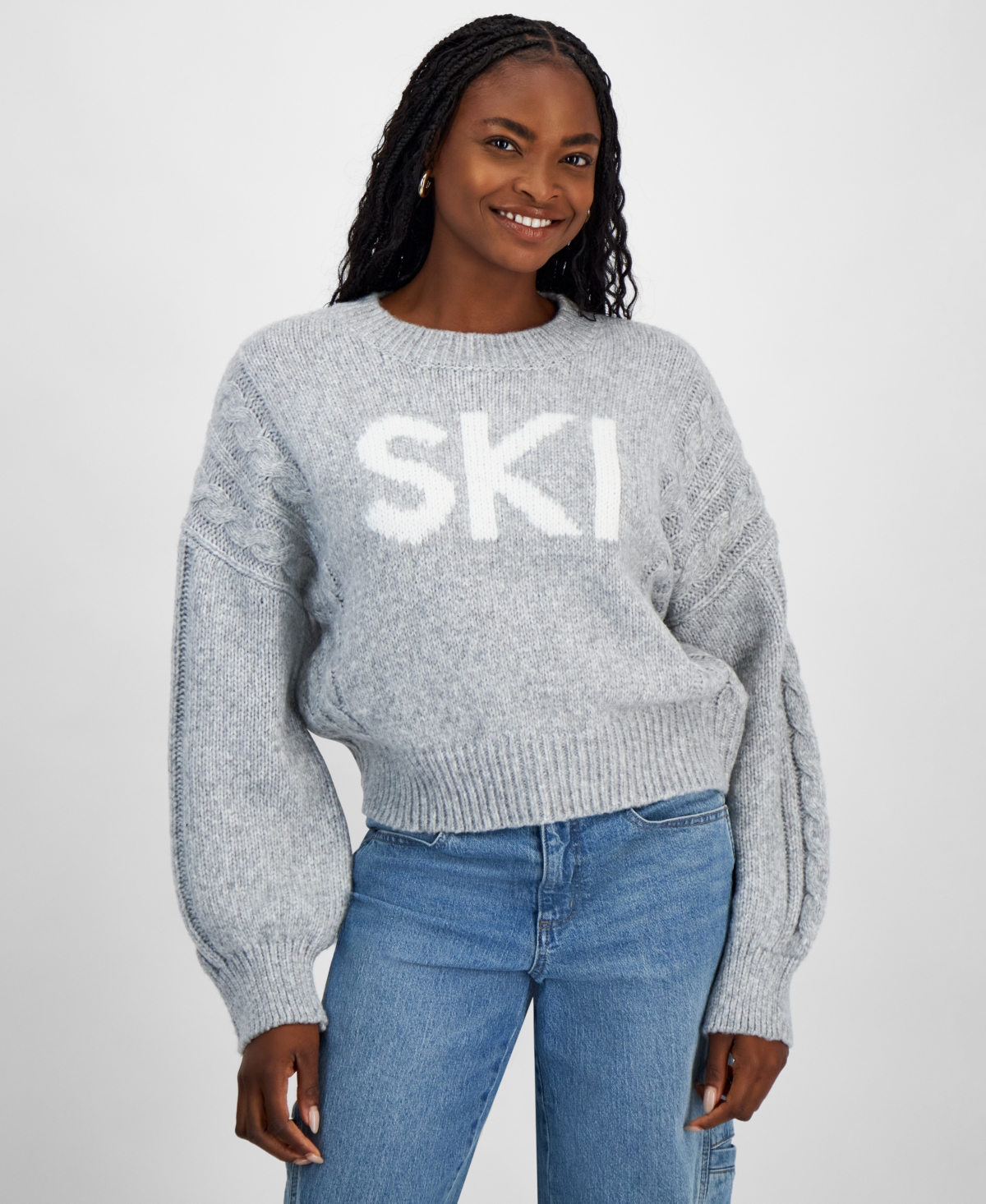 And Now This Women's Cable-knit-detail Graphic Sweater, Exclusively At Macy's In Casual Grey Heather