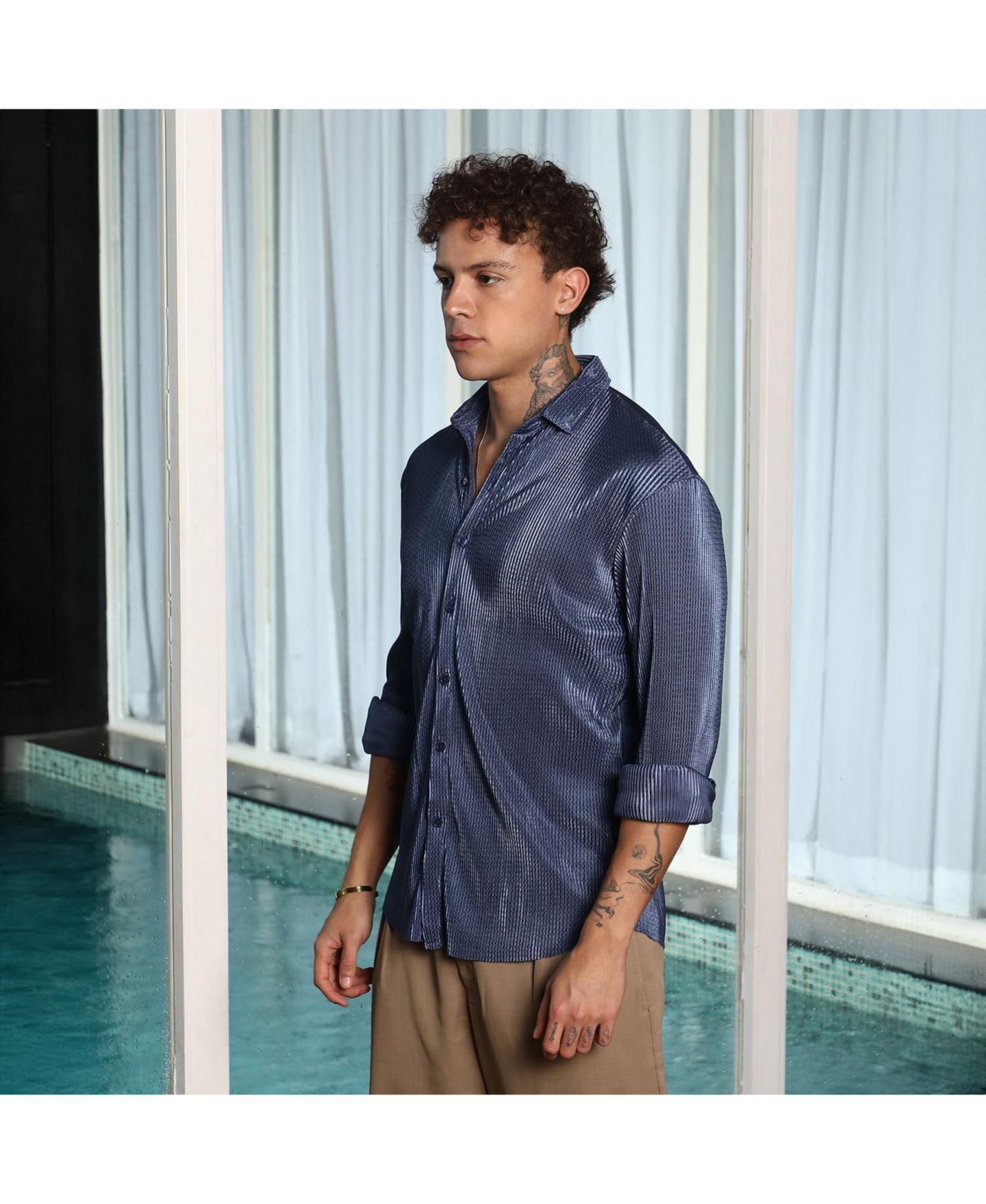 Мужская рубашка Campus Sutra Navy Blue Textured-Pleat, цвет: Синий — фото 3