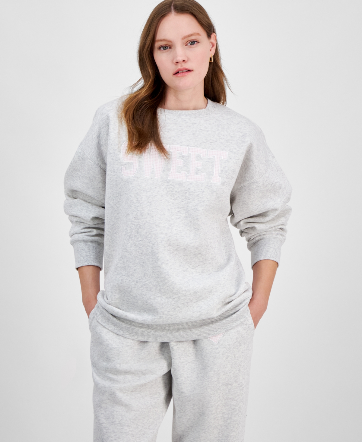 Juniors' Embroidered Fleece Crewneck Sweatshirt - Quiet Heather Grey