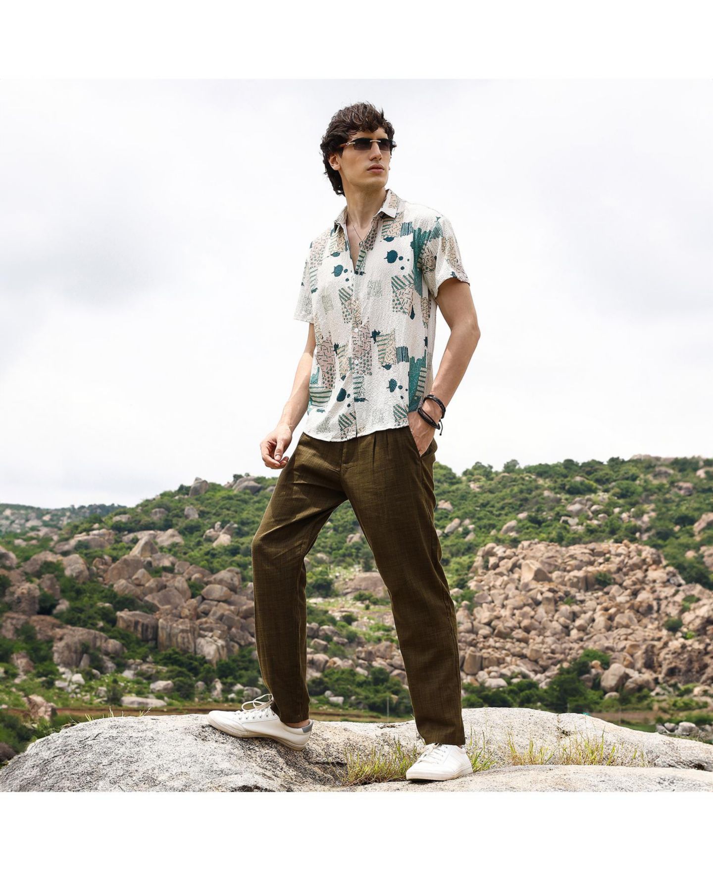 Мужская рубашка Cahoot Forest Green & Bone Beige Abstract Seersucker, цвет: Зелёный — фото 6