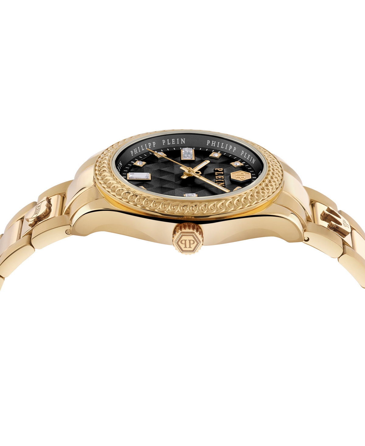 Philipp Plein Queen Crystal Watch With Black Guilloche Dial In Gold
