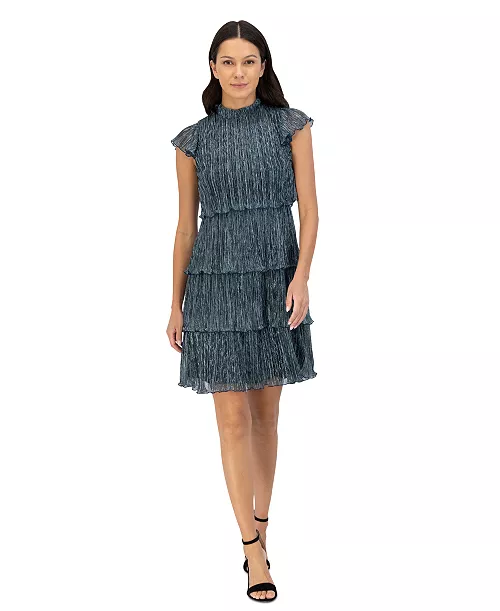 women's metallic crinkled tiered dress
