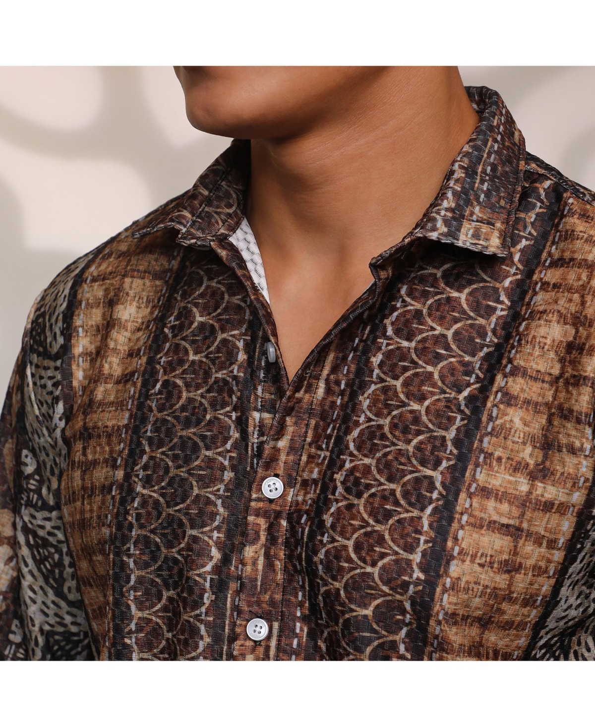 Campus Sutra Men's ChocolateFolk Print Shirt - Brown