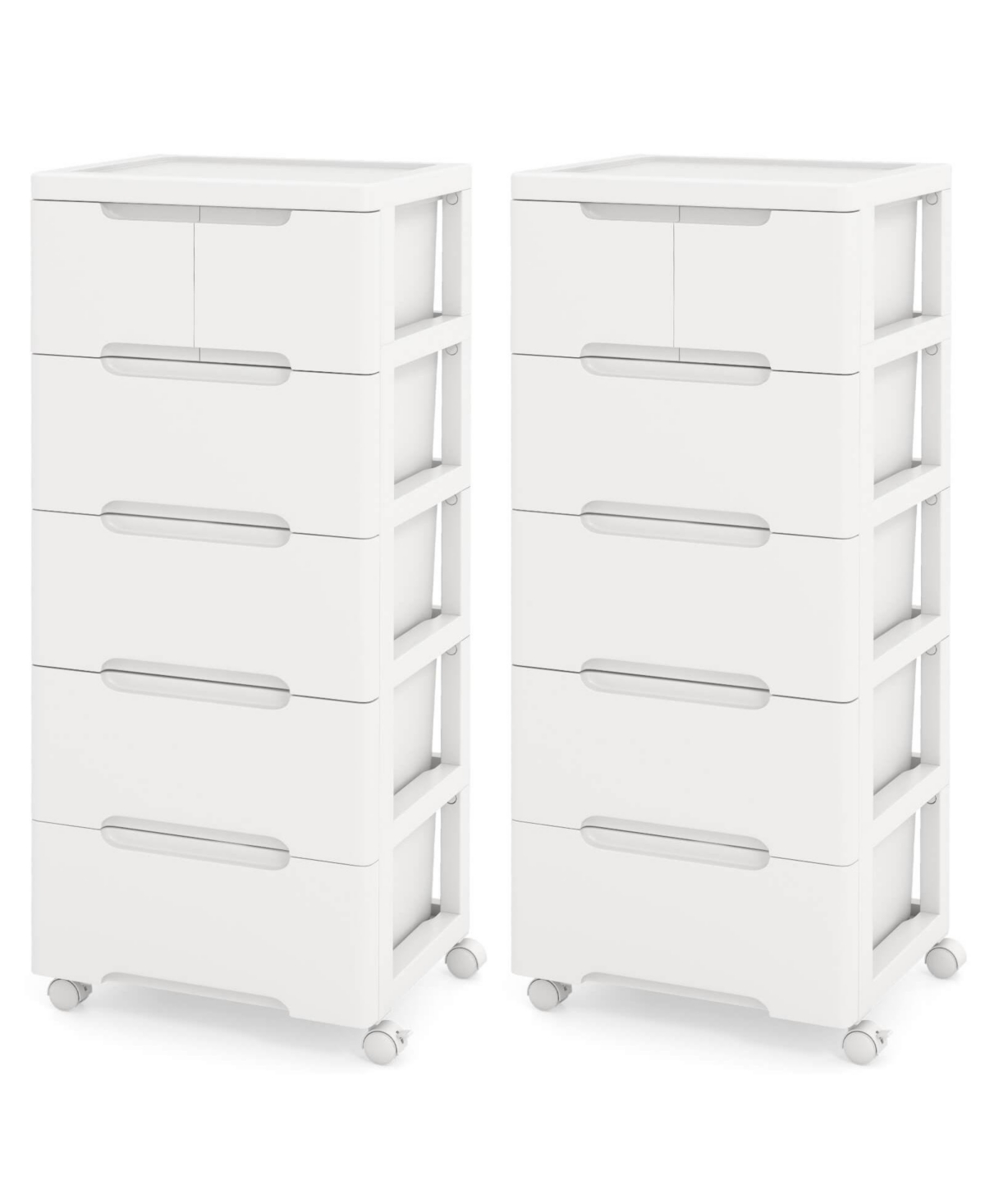 2 Pcs 6-Drawer Plastic Rolling Storage Cart with 4 Universal Wheels Dresser Cabinet - White