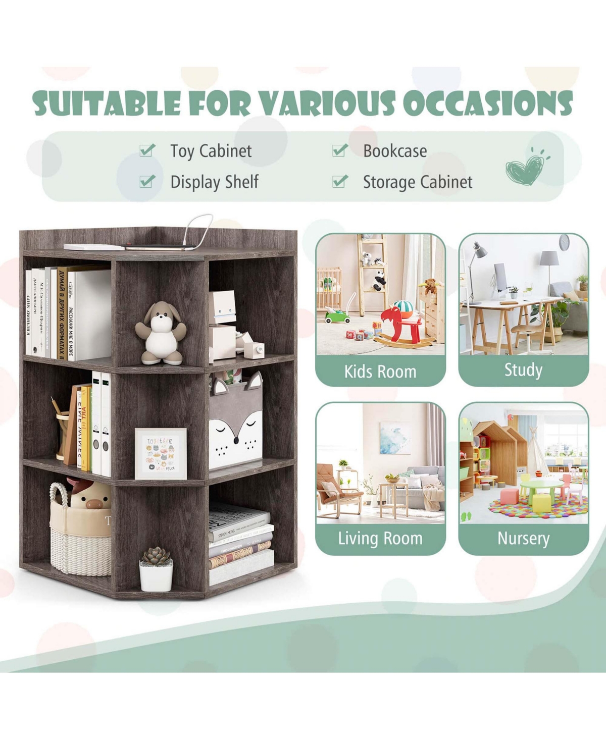Costway 3-Tier Kids Corner Toy Storage Organizer with Usb Ports and Outlets 9 Cubbies