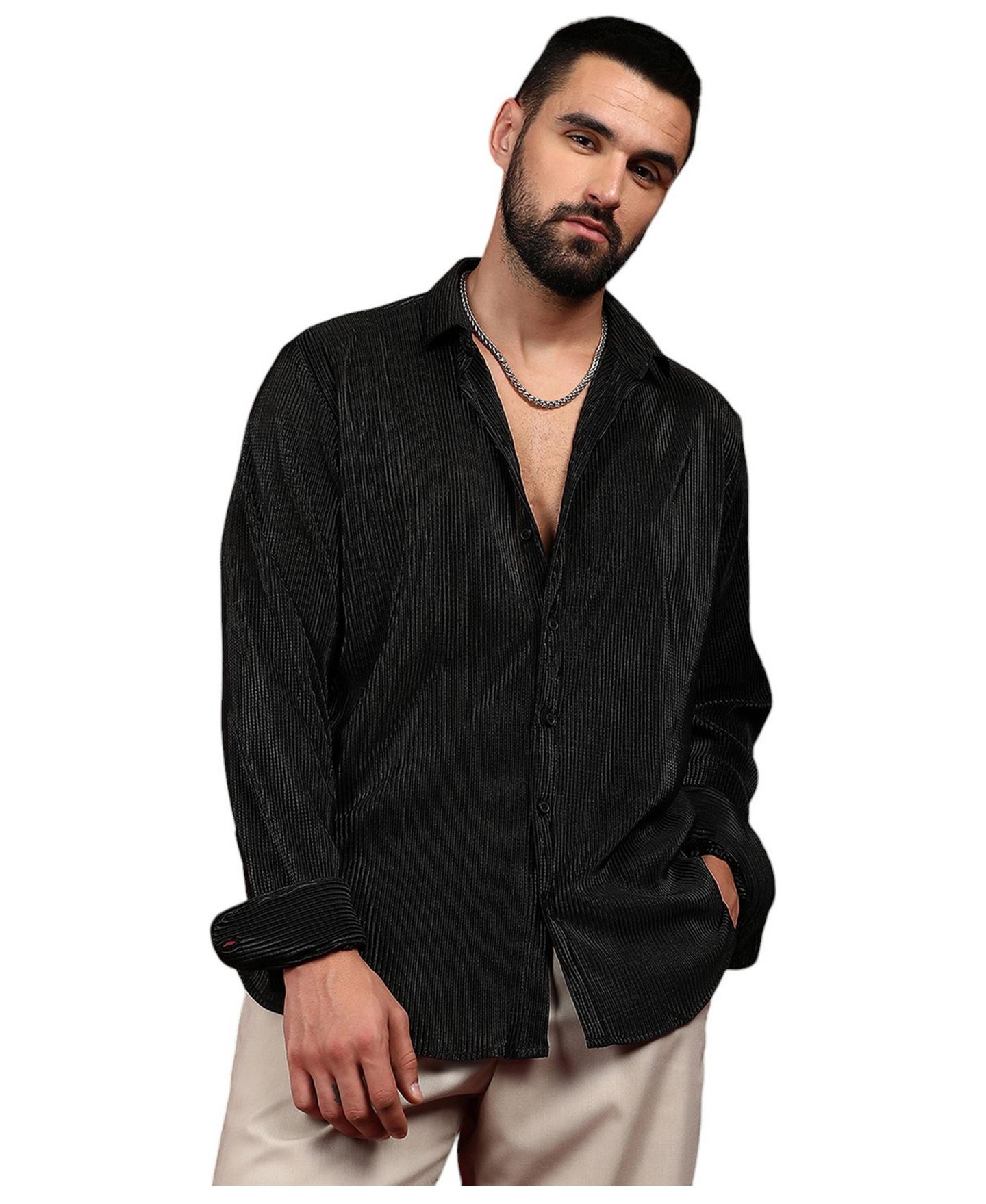 Мужская рубашка Campus Sutra Midnight Black Pleat-Creased, цвет: Чёрный — фото 1