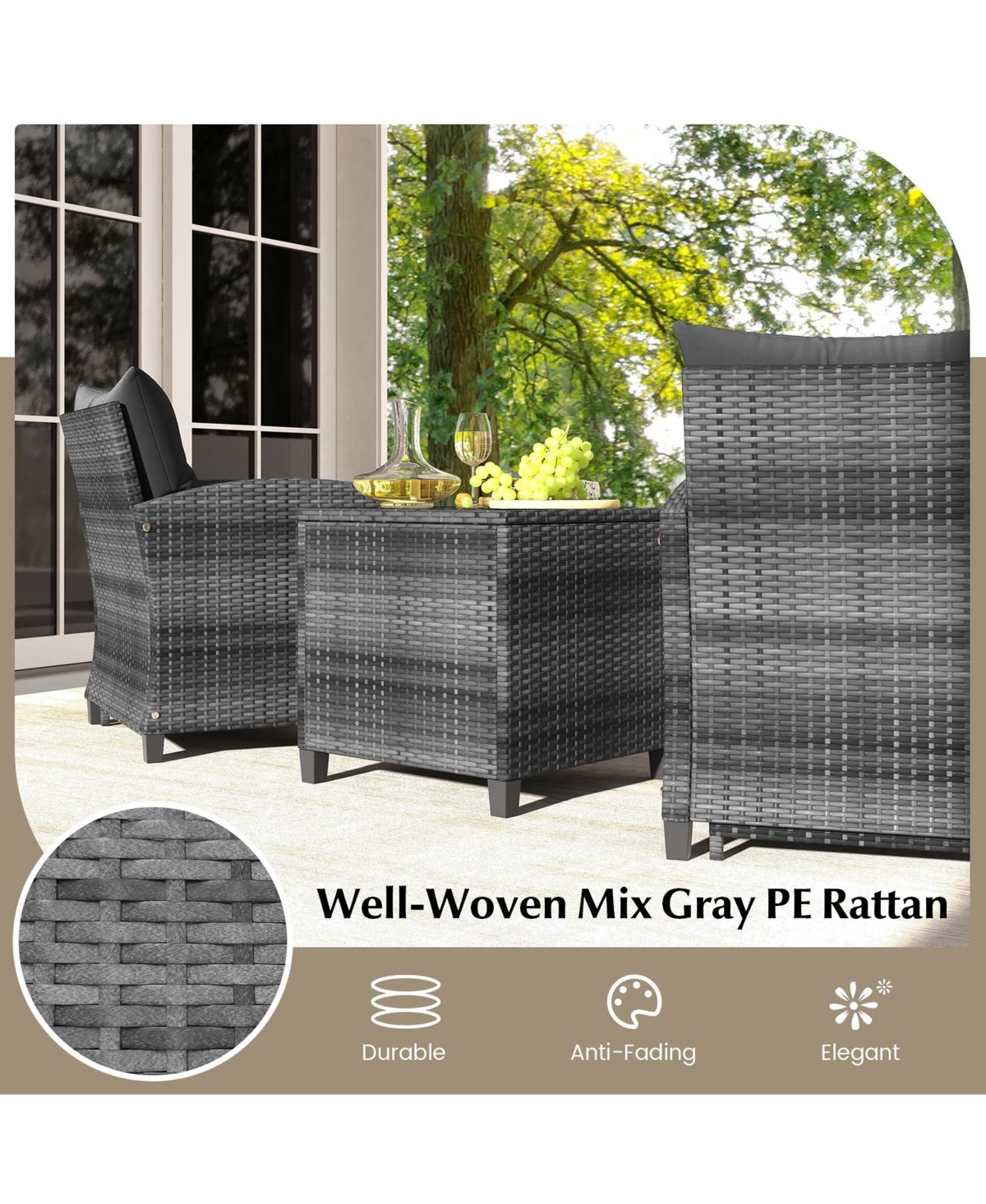 5 Piece Patio Rattan Furniture with 2 Ottomans & Tempered Glass Coffee Table