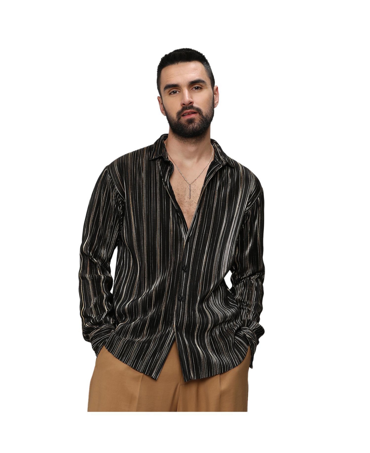 Men's Jet Black & Metallic Gold Pleat-Creased Shirt - Black