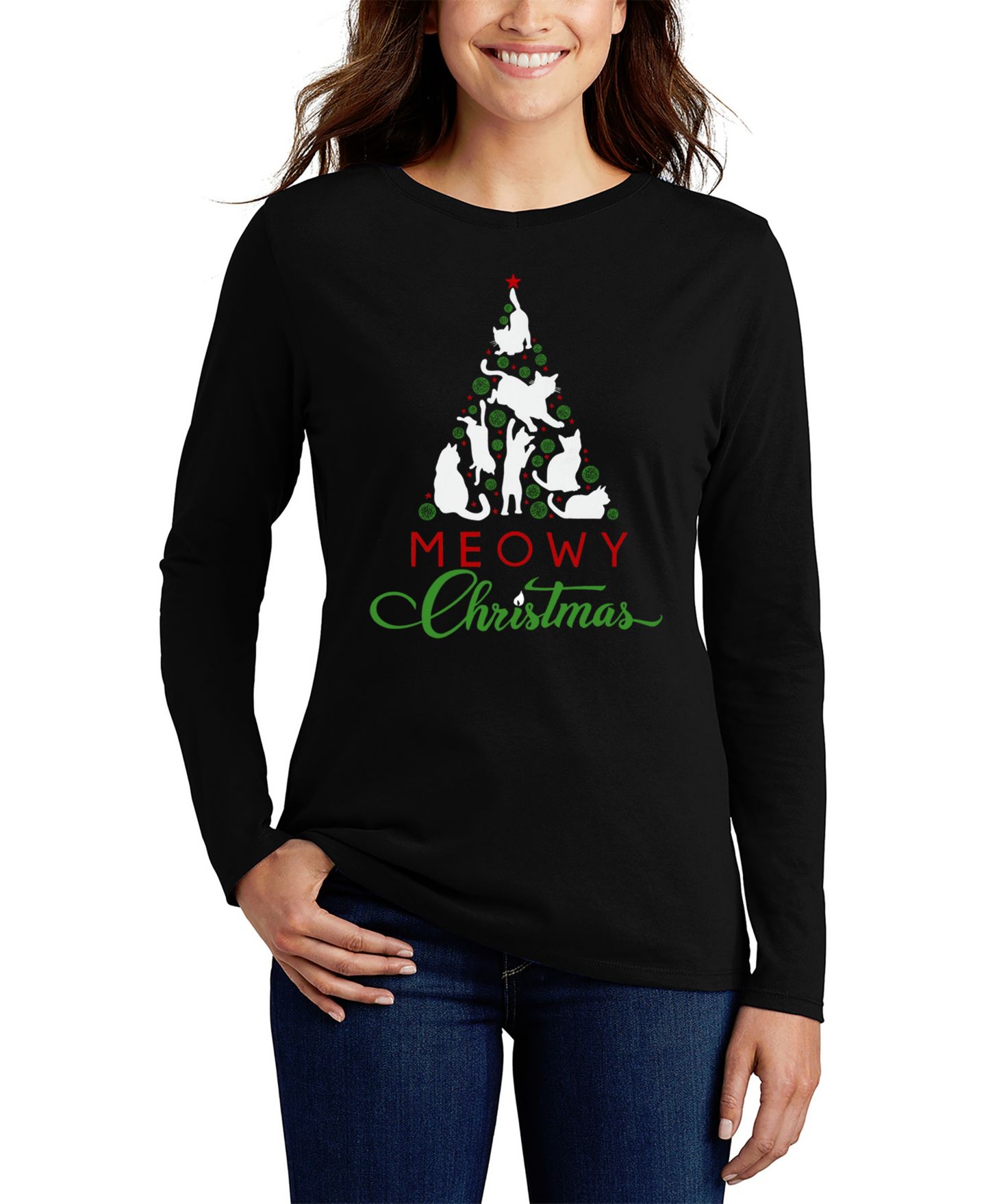 Женская футболка LA Pop Art Meowy Christmas Tree Word Art Long Sleeve, цвет: Чёрный — фото 1